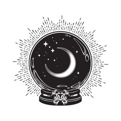 Wall Mural - Hand drawn magic crystal ball with crescent moon and stars line art and dot work. Boho chic tattoo, poster or altar veil print design vector illustration.
