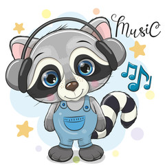 Wall Mural - cute cartoon raccoon with headphones