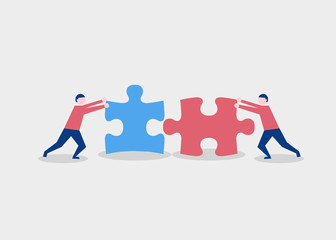 Wall Mural - Two flat style people connecting puzzle elements. Business, teamwork and partnership concept. Vector illustration