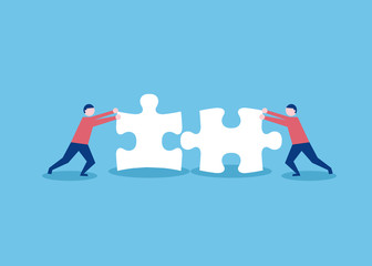 Wall Mural - Two flat style people connecting puzzle elements. Business, teamwork and partnership concept. Vector illustration