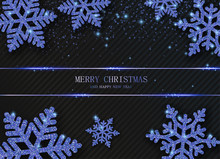 Christmas And New Year Card With Beautiful Blue Snowflakes.