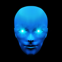 Aufkleber - Front view of human head. Model isolated on blue background, artificial intelligence in digital futuristic computer technology concept, 3d illustration
