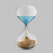 Water in hourglass becomes a sand. Sandglass isolated on transparent background.