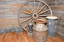  Old Wagon Wheel, Milk Cans And Lantern Display