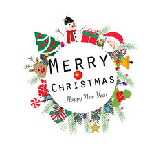 Wall Mural - ''Merry Christmas and happy new year'' text wreath round frame. Happy new year greeting colorful light bulb, snow man