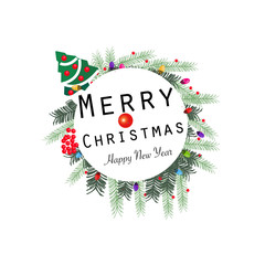 Wall Mural -  ''Merry Christmas and happy new year'' text wreath round frame. Happy new year greeting colorful light bulb