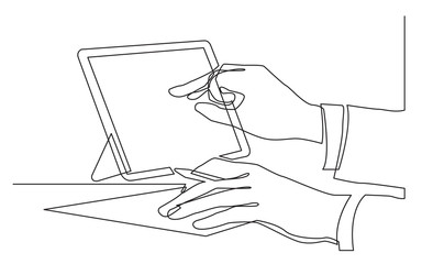 Poster - continuous line drawing of hands writing pointing at tablet screen