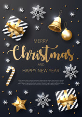 Poster - Merry Christmas background with shining gold and white ornaments. Made of snowflakes, gift, candy, bells, star, christmas ball. Vector illustration 