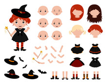 Adorable Little Witch Constructor. Halloween Costumes. Vector.