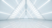 Abstract Triangle Spaceship Corridor. Futuristic Tunnel With Light. Future Interior Background, Business, Sci-fi Science Concept. 3d Rendering
