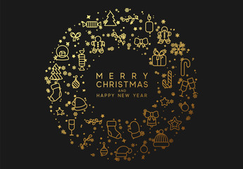 Wall Mural - Merry Christmas and Happy New Year. Xmas holiday background greeting card. Circular Design with traditional design elements