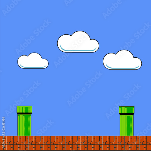 Photo  Old Game Background. Classic Arcade Design with Pipe and Brick