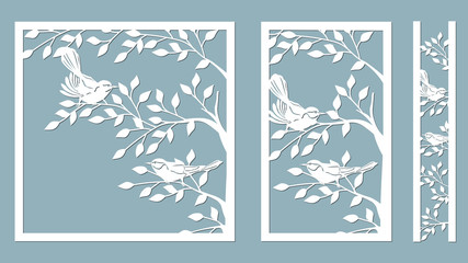 branch birches. Linden. Bird on the cherry branch. Graphic vector decorative elements. Template suitable for laser cutting. Template for plotter and screen printing. serigraphy