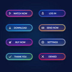 Poster - Vector set of modern neon glowing buttons with different colors  and icons on dark rounded forms.