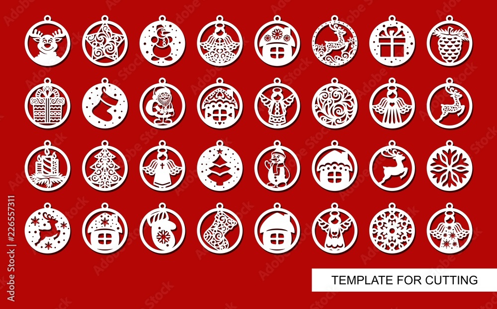 Big set of Christmas decorations - balls with a Santa Claus, deer, snowflake, candle, angel, snowman, gift, sock, Christmas tree, house. Template for laser cut. New Year theme. Vector illustration. - obrazy, fototapety, plakaty 