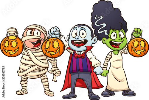 Cute cartoon Halloween kids trick or treating. Vector illustration with ...