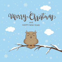 Wall Mural - Owl on Winter Background with Lettering Merry Christmas