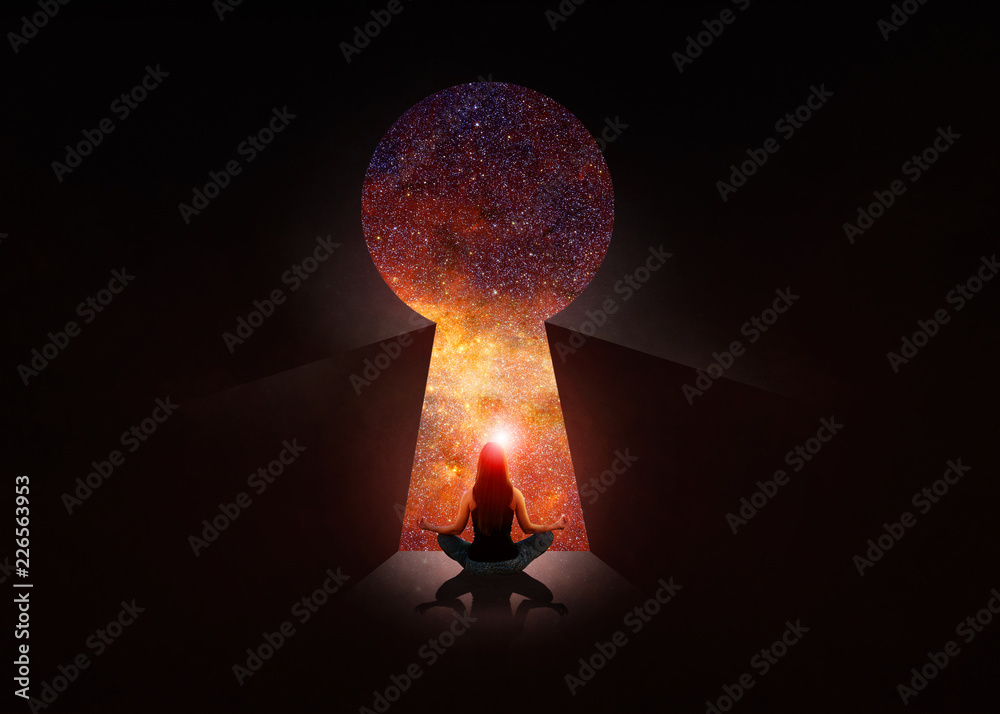 Woman in front of open door with universe behind - obrazy, fototapety, plakaty 