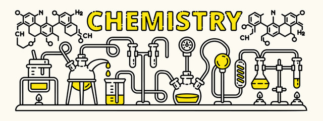 Poster - Chemistry experiment banner. Outline illustration of chemistry experiment vector banner for web design