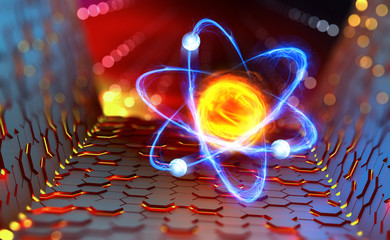 Aufkleber - Atomic reactor. Experiments with the hadron collider. Investigation of the structure of an atom. 3D illustration of an innovative breakthrough in science