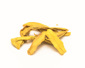 Wall Mural - Studio shot heap of raw organic dried mango isolated on white background. Close-up healthy snack, tasty dry slice fruit with copy space