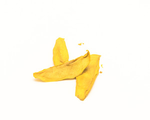 Wall Mural - Studio shot heap of raw organic dried mango isolated on white background. Close-up healthy snack, tasty dry slice fruit with copy space