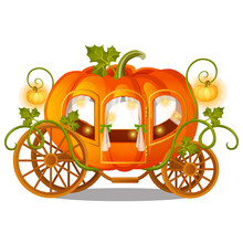 Vintage Horse Carriage Of Pumpkin With Florid Ornament Isolated On White Background. Sketch For A Poster Or Card For The Holiday Halloween Or Thanksgiving Day. Vector Cartoon Close-up Illustration.