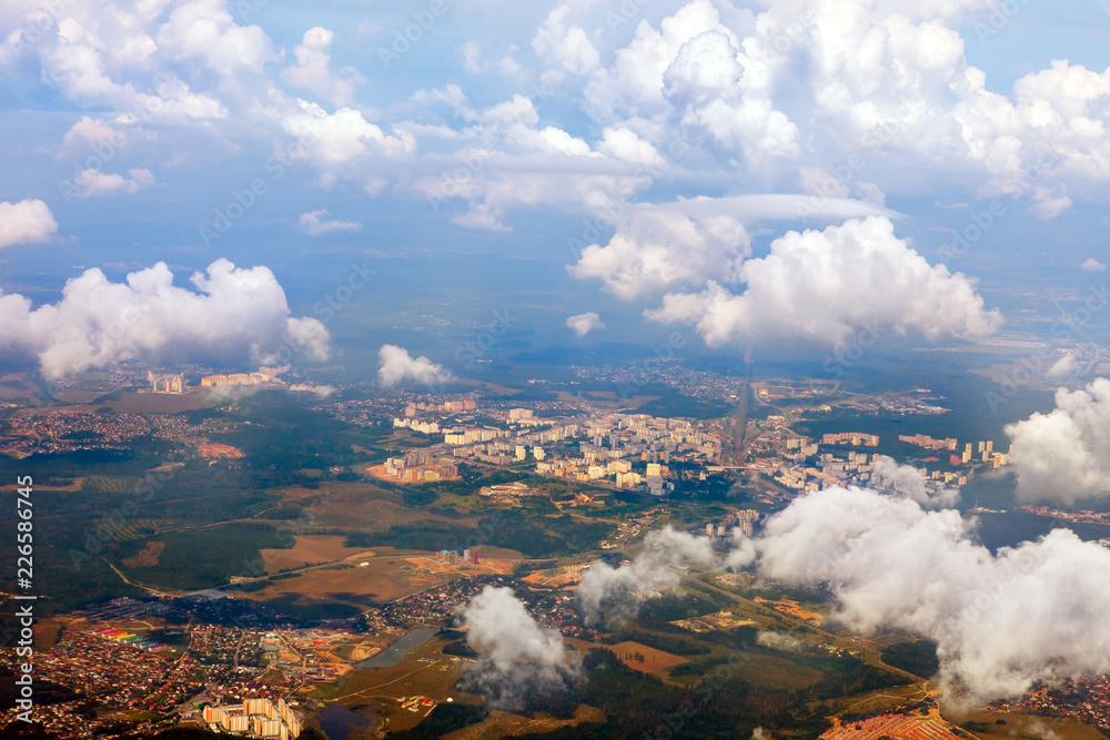 Forests, fields, roads and cities. Aerial photography of the earth from ...