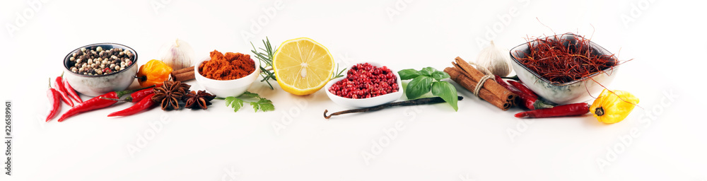 Spices and herbs on table. Food and cuisine ingredients. - obrazy, fototapety, plakaty 
