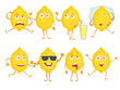 Lemon funny characters. Fresh fruits emotions sadness joy surprise and various poses. Vector mascot yellow lemon with happy face. Illustration of fruit fresh lemon isolated on white