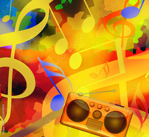  Plakaty Instrumenty Muzyczne   muzyka-w-tle-z-tanczacymi-nutami-i-radiem