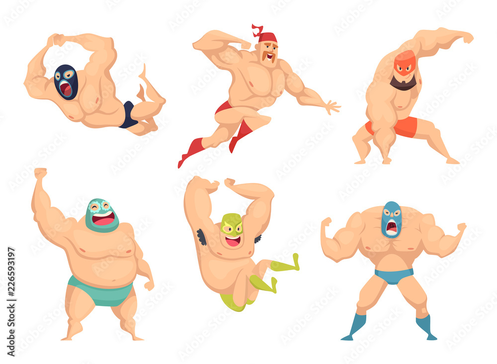 Lucha libre characters. Mexican wrestler fighters in mask macho libros vector martial cartoon mascot. Illustration of mexican wrestler, fighter wrestling combative - obrazy, fototapety, plakaty 