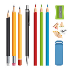 Poster - Pencils set. Stationery tools sharpen, colored wood pencils with rubber vector realistic illustrations isolated. Pencil stationery, eraser rubber and sharpener