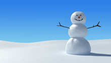 Snowman In Snowy Field Under A Clear Blue Sky