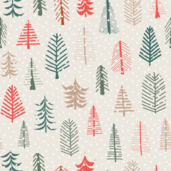 Christmas tree vector seamless pattern repeat tile. Green, brown, red doodle trees and snowflakes. Scandinavian Christmas background for fabrics, paper, card, web banner, invitations, wrapping, decor