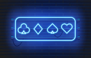 Neon lamp casino banner on wall background. Poker or blackjack card games sign. Las Vegas concept. Vector illustration.