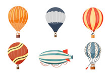 Hot Air Balloon And Airship Vector Icons Set. Summer Ballooning Adventure Cartoon Hotair Travel.