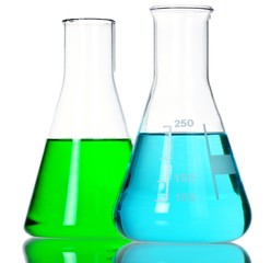 Two Conical Flasks with Green and Blue Liquid - Isolated