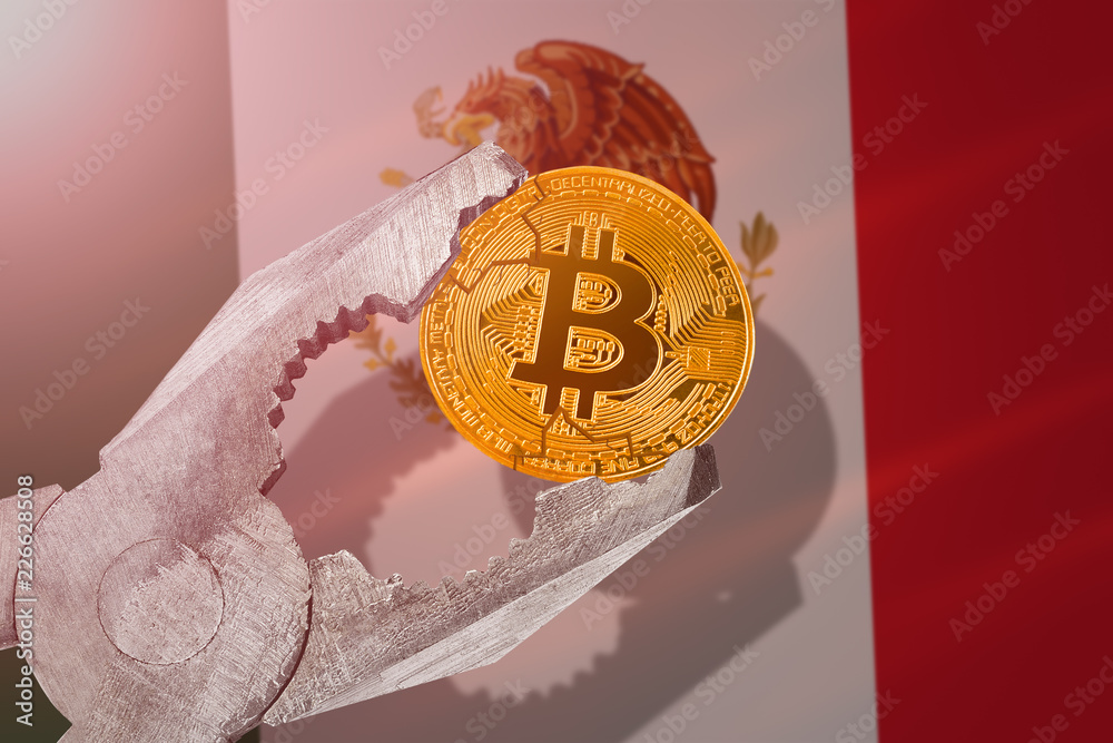 Bitcoin regulation in Mexico; bitcoin btc coin being squeezed in vice on Mexico flag background; limitation, prohibition, illegally, banned	