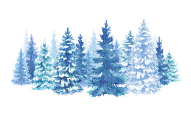 watercolor snowy forest illustration, Christmas fir trees, winter nature, conifer, holiday background, rural landscape, outdoor scene, isolated on white background