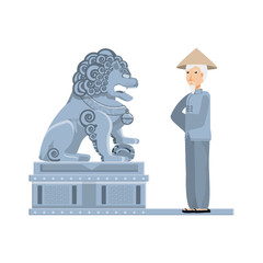 Wall Mural - chinese lion statue with old man peasant