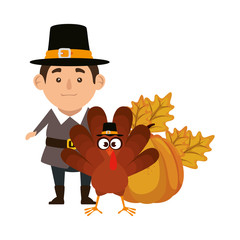 Wall Mural - pilgrim man with turkey and pumpkin