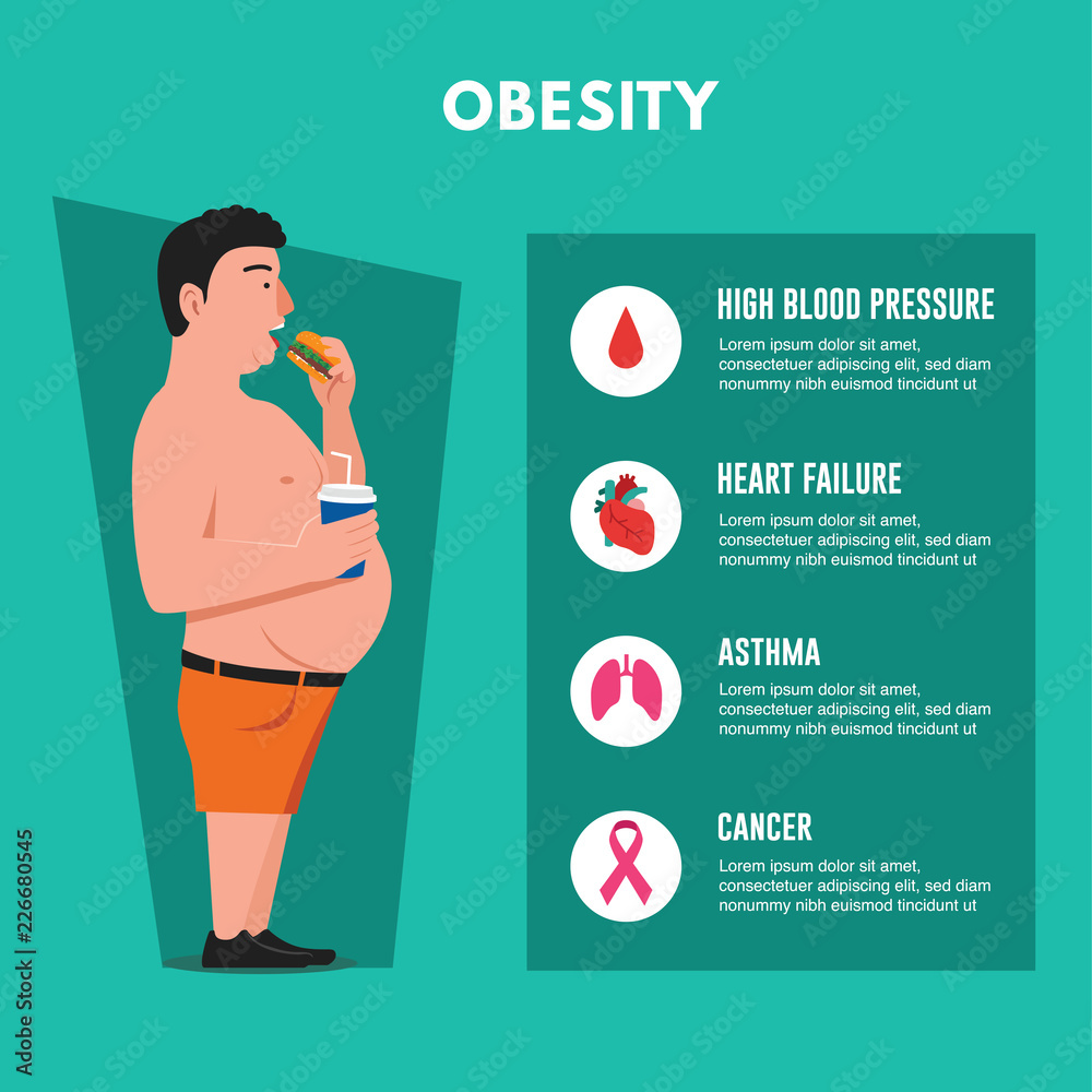 Obesity. Fat man eating junk food illustration Stock Vector | Adobe Stock