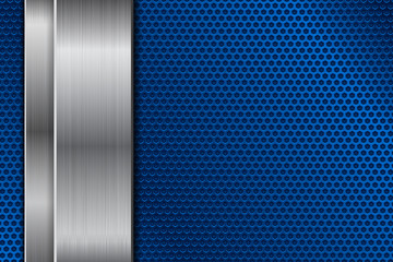 Blue metal perforated background with vertical stainless steel plate