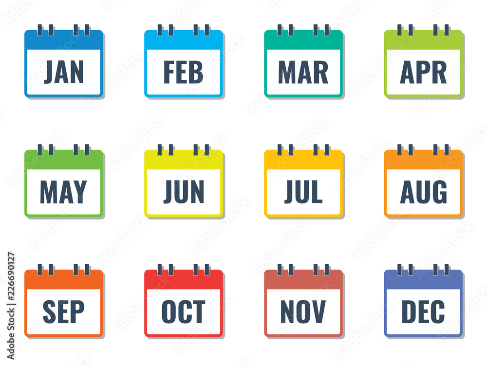 month name in calendar, colorful flat style vector illustration - obrazy, fototapety, plakaty 