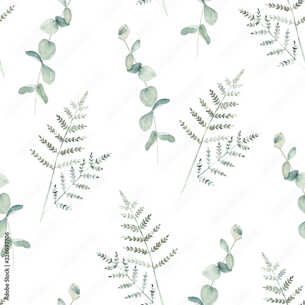 Foto-Plissee zum Schrauben - Watercolor seamless pattern witn eucalyptus  and fern branch. Hand drawn illustration. Floral background