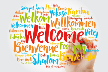 WELCOME word cloud in different languages with marker, conceptual background