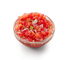 Tomato Salsa Dip Top View Isolated On White Background