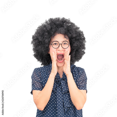 Asian Woman Afro Hair Style With Shout Acting Isolated On White
