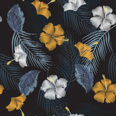 Wall Mural - Seamless dark tropical  seamless pattern of hibiscus flower on a black  background. Imitation